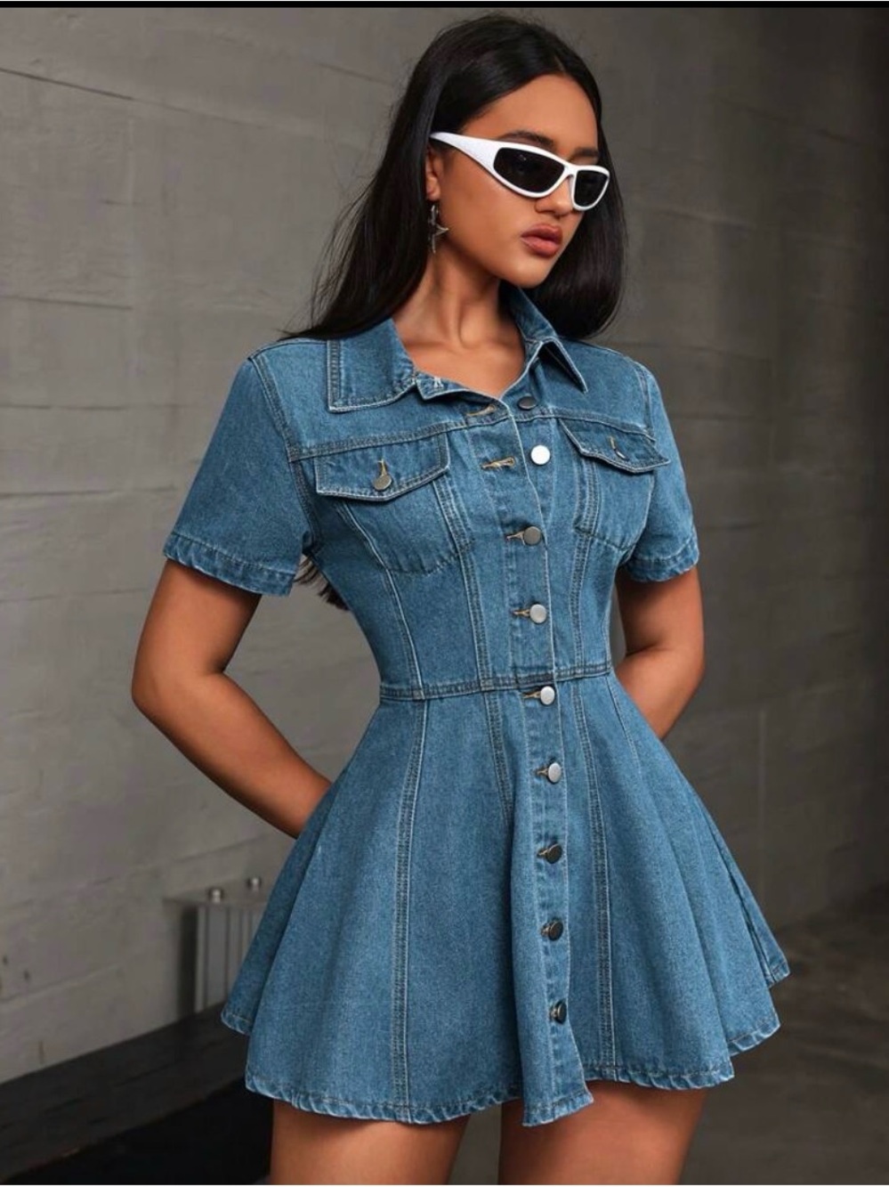 SHEIN Blue Denim Button-Front Mini Dress
